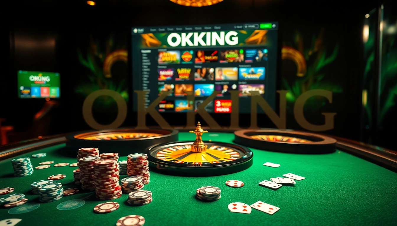 OKKING poker chips and cards spread on a luxurious casino table.