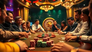 Poker players enjoy a thrilling game at a luxurious casino table, embodying the excitement of five88win.
