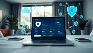 在一台时尚笔记本电脑上显示的快连VPN界面，强调在现代工作环境中的安全性与连接性。