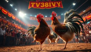 Dynamic live cockfighting event at SV368, showcasing vibrant roosters and cheering crowds.