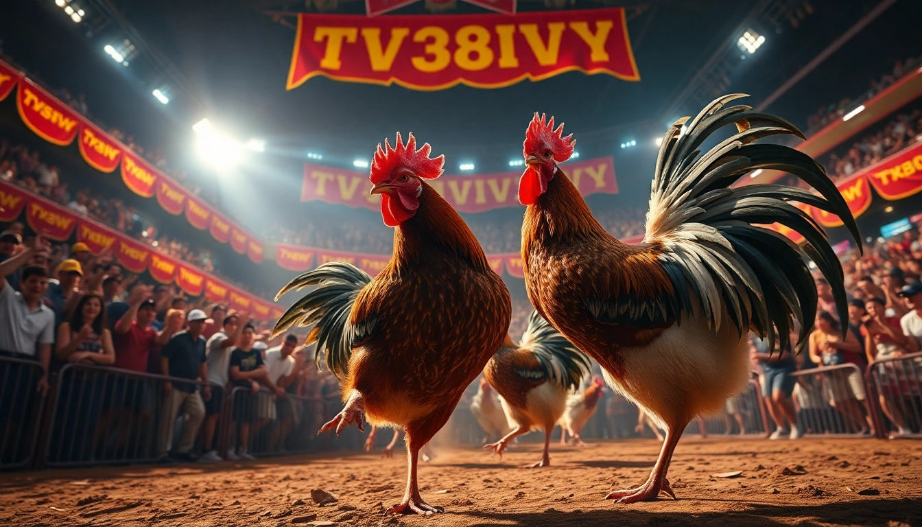 Dynamic live cockfighting event at SV368, showcasing vibrant roosters and cheering crowds.