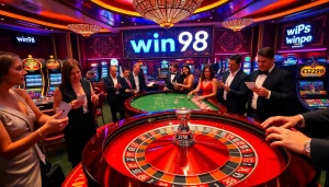 Experience exciting wins at win98 casino tables with poker chips and roulette wheels.