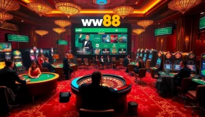 ww88 casino scene with players enjoying poker and roulette in a luxurious setting.