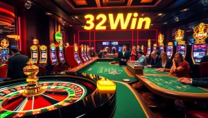 Experience the excitement of gambling at 32Win with luxury casino tables, roulette wheels, and vibrant slot machines.