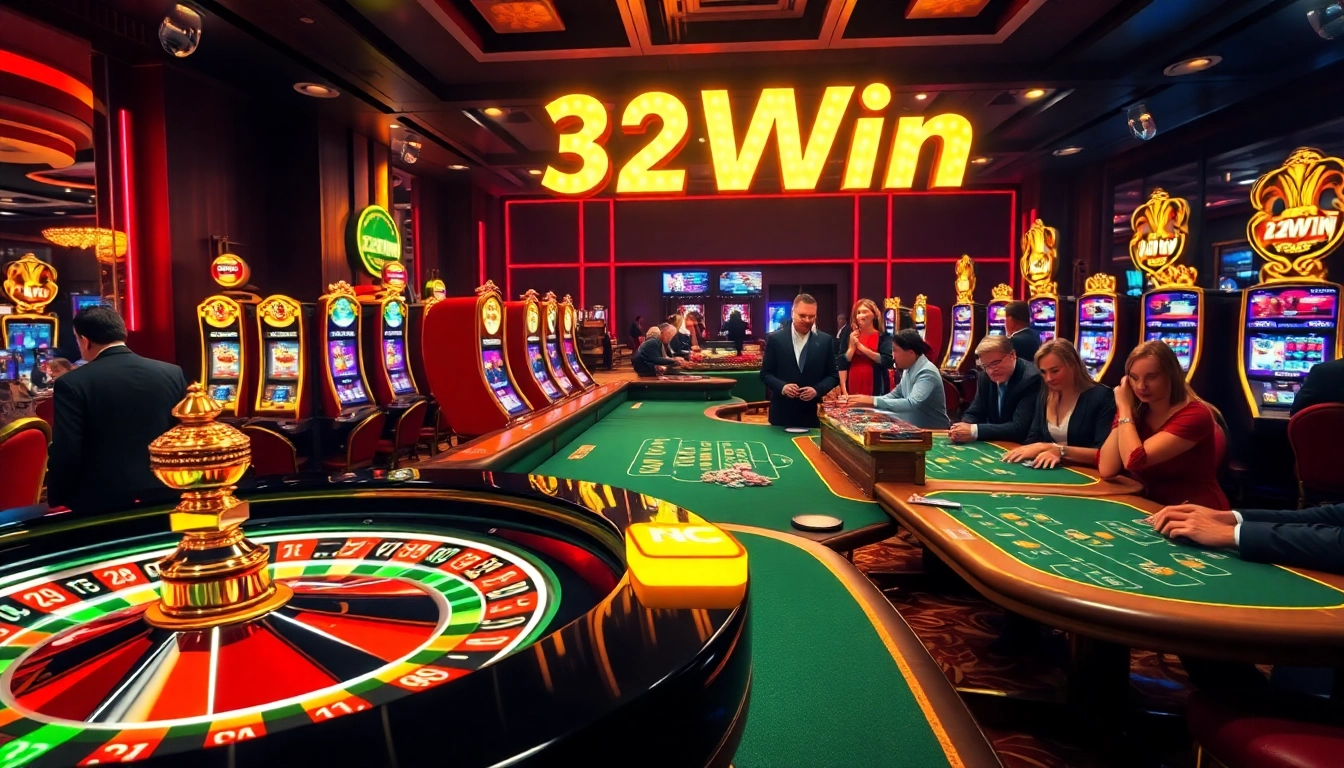 Experience the excitement of gambling at 32Win with luxury casino tables, roulette wheels, and vibrant slot machines.