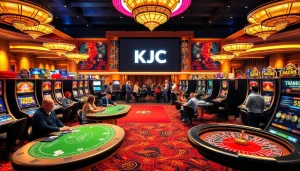 KJC gamblers enjoying vibrant casino tables with poker chips and roulette wheels, celebrating wins.