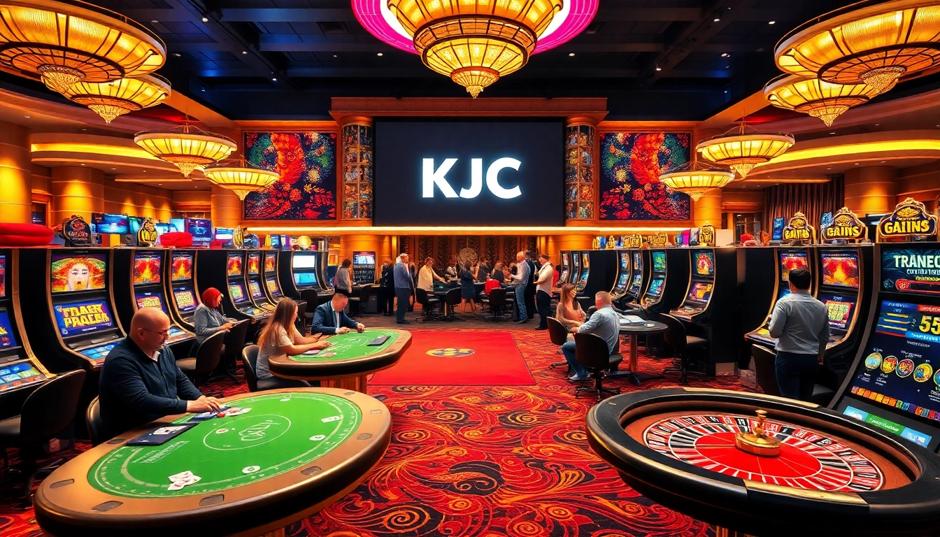 KJC gamblers enjoying vibrant casino tables with poker chips and roulette wheels, celebrating wins.