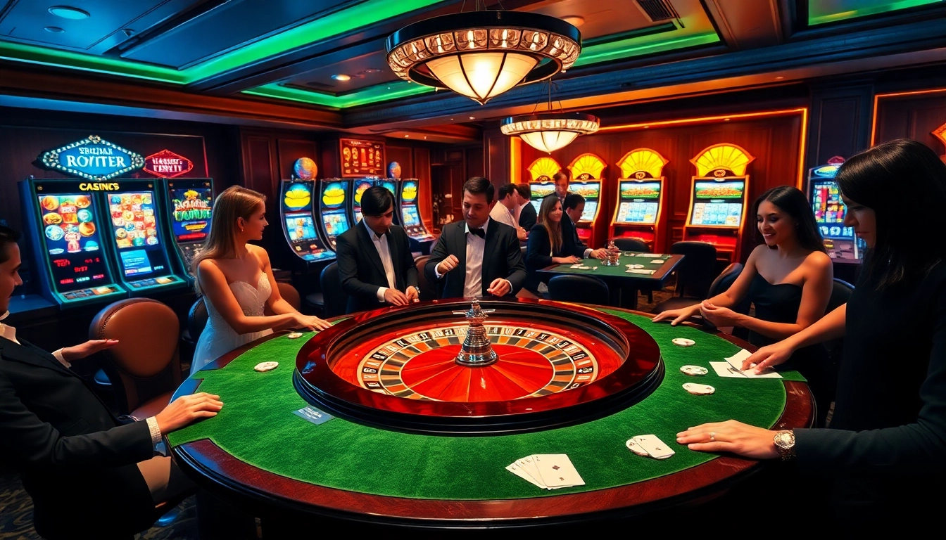 Engaging players at a luxurious casino scene showcasing https://rr8888.in.net/ with roulette and poker action.