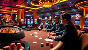 Exciting casino atmosphere featuring gaming tables and vibrant slot machines at https://99wincasino.com/ for gamblers.