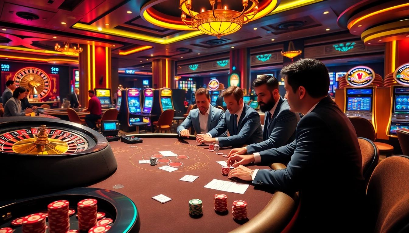 Exciting casino atmosphere featuring gaming tables and vibrant slot machines at https://99wincasino.com/ for gamblers.