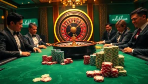 Players engaging at a glamorous casino table with lu88 branding, highlighting excitement and strategy.