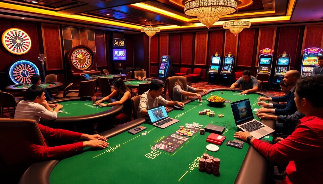 Players engaging in high-stakes games at AU88-themed casino tables, showcasing excitement and luxury.