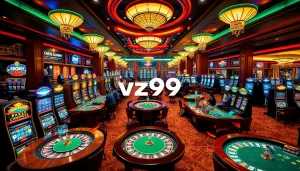 Players engaging in high-stakes action at the vz99 casino, surrounded by thrilling gaming tables and vibrant decor.