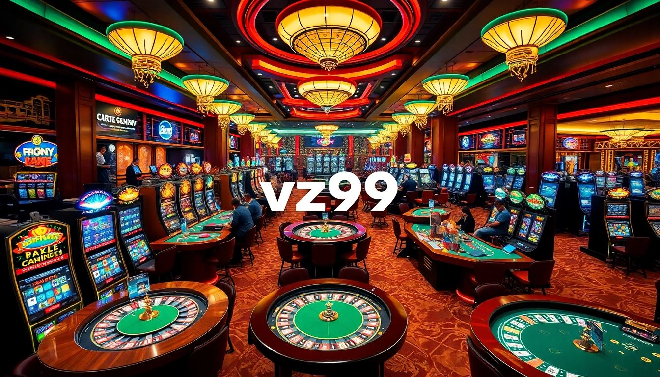Players engaging in high-stakes action at the vz99 casino, surrounded by thrilling gaming tables and vibrant decor.