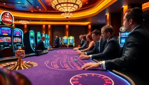 A thrilling casino experience at https://kjcmh.com/ featuring luxurious poker tables and vibrant slot machines.