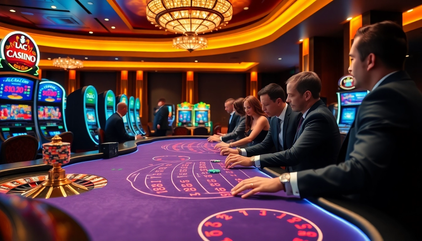 A thrilling casino experience at https://kjcmh.com/ featuring luxurious poker tables and vibrant slot machines.
