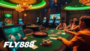 Experience exhilarating gaming action at https://fly88.ad/ with vibrant casino visuals showcasing poker and slots.