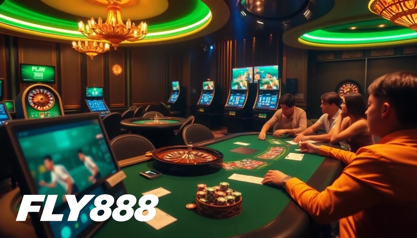 Experience exhilarating gaming action at https://fly88.ad/ with vibrant casino visuals showcasing poker and slots.