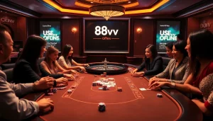Players enjoying poker at a luxurious 88vv casino table with vibrant chips.