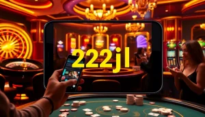 The 22jl app showcases luxurious casino games with vibrant poker tables and roulette wheels.