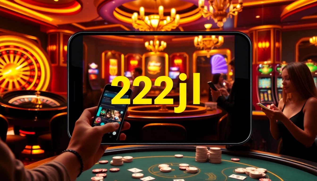 The 22jl app showcases luxurious casino games with vibrant poker tables and roulette wheels.