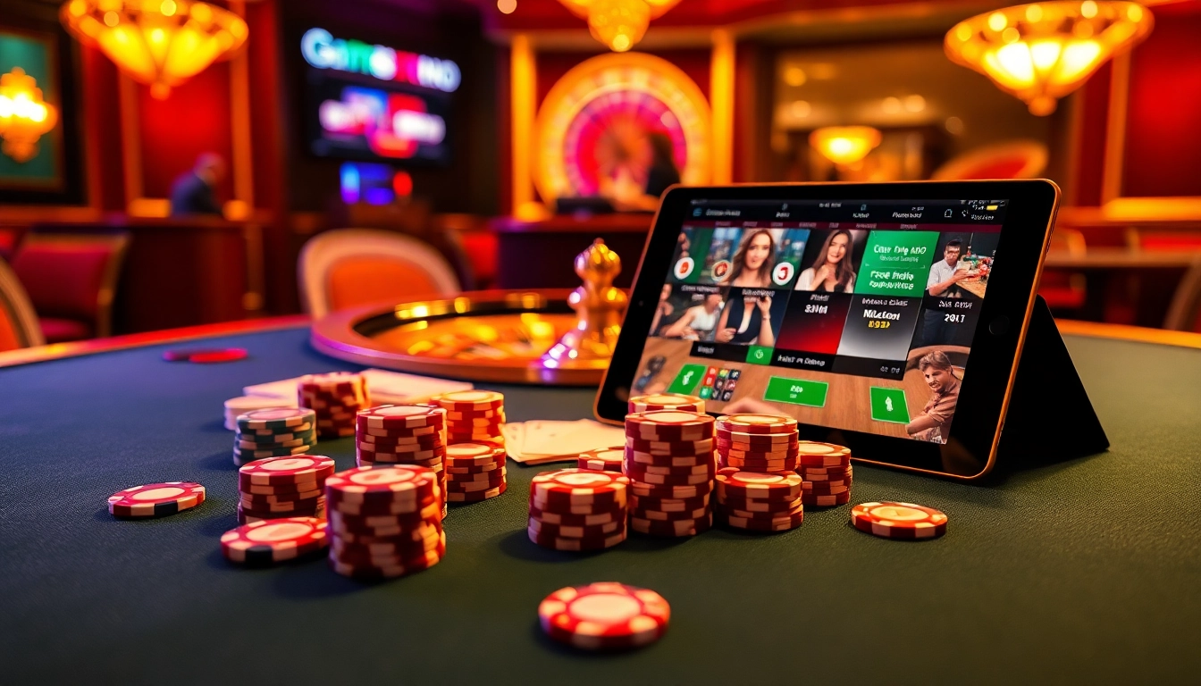 BJ88 gaming table scene featuring stylish poker chips and a roulette wheel in an elegant casino ambiance.