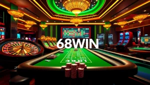 Engaging gaming scene representing nhà cái 68WIN with roulette and poker elements